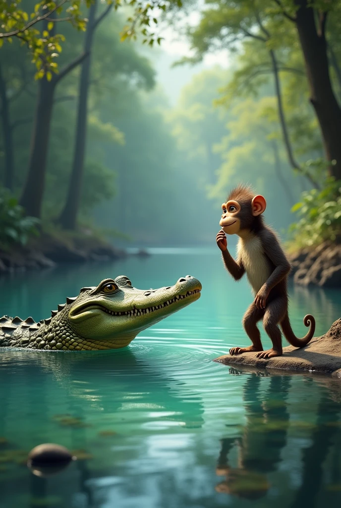 A cunning crocodile partially submerged in the river, inviting a hesitant monkey on the riverbank to join him for a swim. The monkey looks thoughtful, scratching his chin, while the crocodile maintains a persuasive, sly smile. The surrounding forest is peaceful with tall trees and clear water."