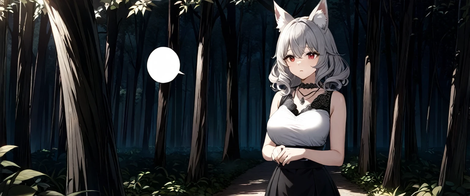 ((((Highest quality,Detailed depiction down to the last detail):1.5)))、（Fox ears、Beastman、Silver Hair、Curly hair、Middle Hair、Red Eyes、20-year-old women、Black Ribbon、White lace top、Black lace skirt、Silver Necklace、Expressionless、Are standing、Showing ID）blank speech bubble、Dark Forest,Several dark shadows in the distance