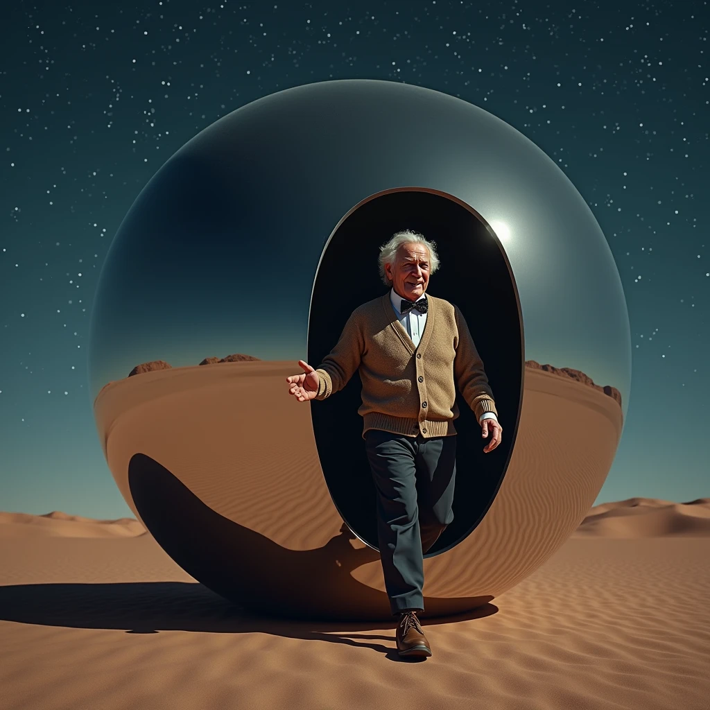 a kindly looking old man, cardigan sweater, bow tie, dark pants, brown shoes, stepping out of a smooth mirrored sphere of massive size resting on the desert floor at night, photo realistic