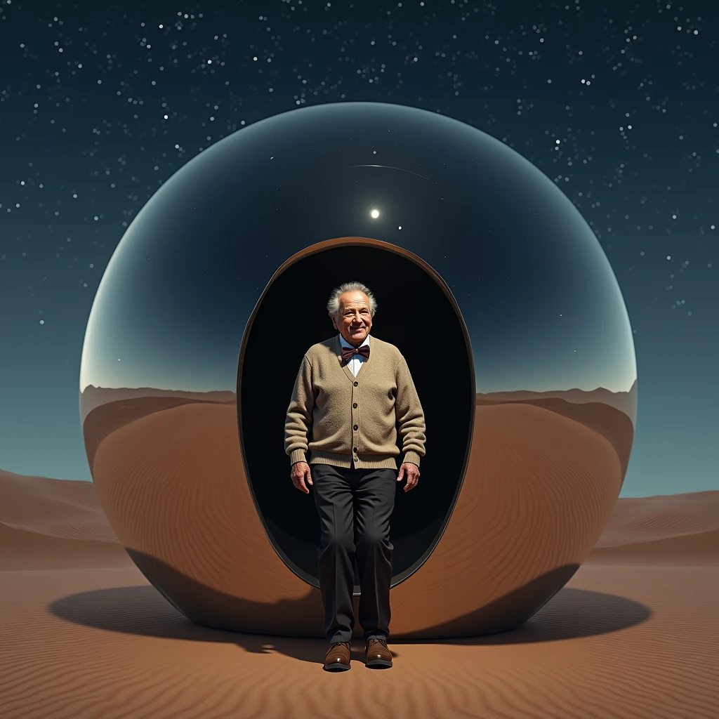 a kindly looking old man, cardigan sweater, bow tie, dark pants, brown shoes, stepping out of a smooth mirrored sphere of massive size resting on the desert floor at night, photo realistic