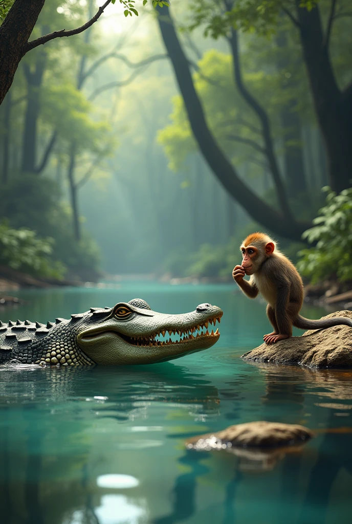 A cunning crocodile partially submerged in the river, inviting a hesitant monkey on the riverbank to join him for a swim. The monkey looks thoughtful, scratching his chin, while the crocodile maintains a persuasive, sly smile. The surrounding forest is peaceful with tall trees and clear water."
