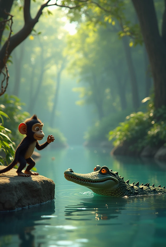 A cunning crocodile partially submerged in the river, inviting a hesitant monkey on the riverbank to join him for a swim. The monkey looks thoughtful, scratching his chin, while the crocodile maintains a persuasive, sly smile. The surrounding forest is peaceful with tall trees and clear water."