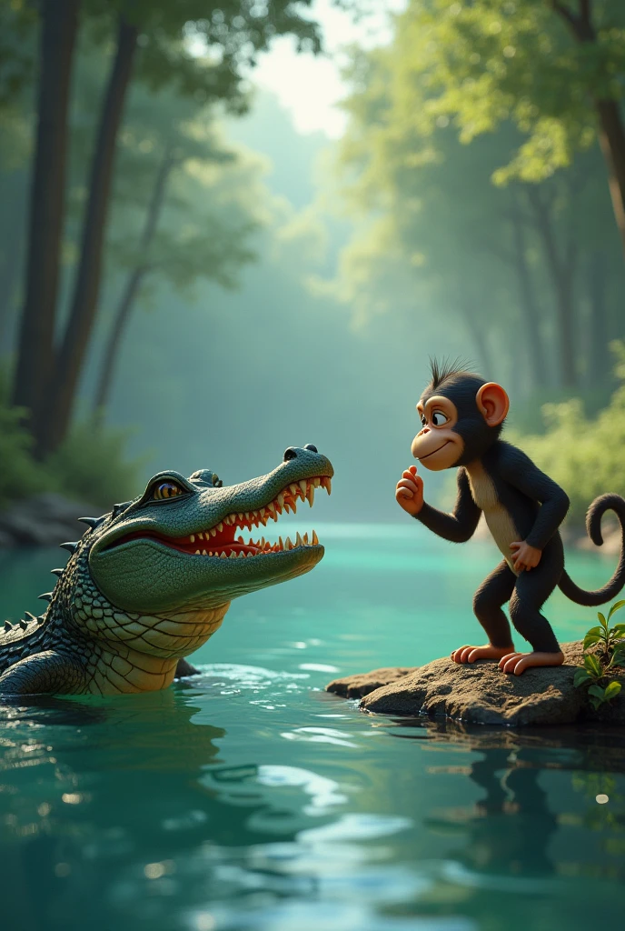 A cunning crocodile partially submerged in the river, inviting a hesitant monkey on the riverbank to join him for a swim. The monkey looks thoughtful, scratching his chin, while the crocodile maintains a persuasive, sly smile. The surrounding forest is peaceful with tall trees and clear water."
