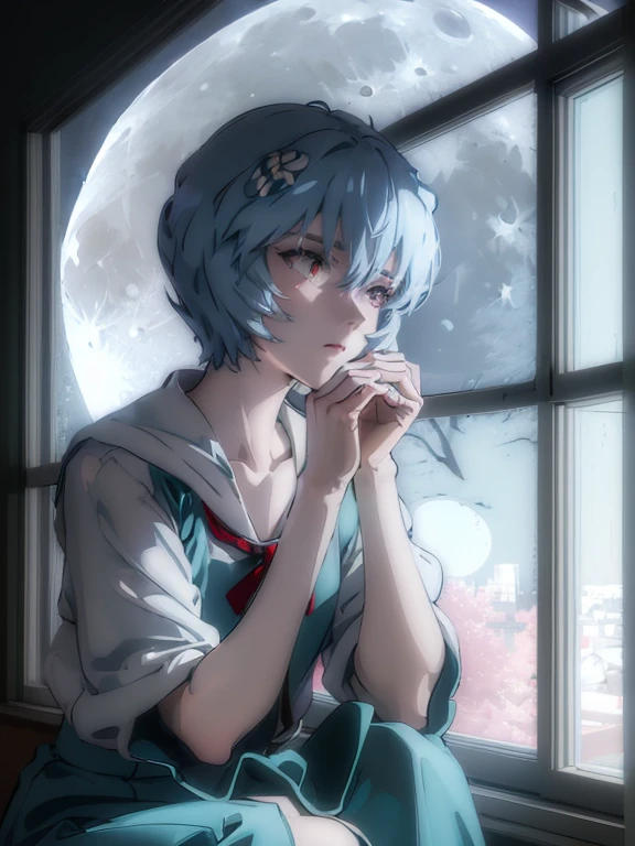 ultra-detailed, illustration, Beautiful Face, Beautiful body, (Rei Ayanami), Bluish silver hair, Silky short hair, (((One hand on cheek, Large windows, Open window, Leaning on the window frame, One foot on the window sill))), (Leaning forward), Tokyo-3 middle school uniform, black socks, ((Moon Background, The moon looks big:1.3, Gazing at the Moon:1.3)), ((Night:1.3)), View from inside the Hospital room, The lace curtains are swaying in the wind, Slightly slim body, face in profile, ephemeral Expression, extremely detailed eyes and face, photo with an 85mm camera, Natural moonlight, ((masterpiece, best quality, high resolution))