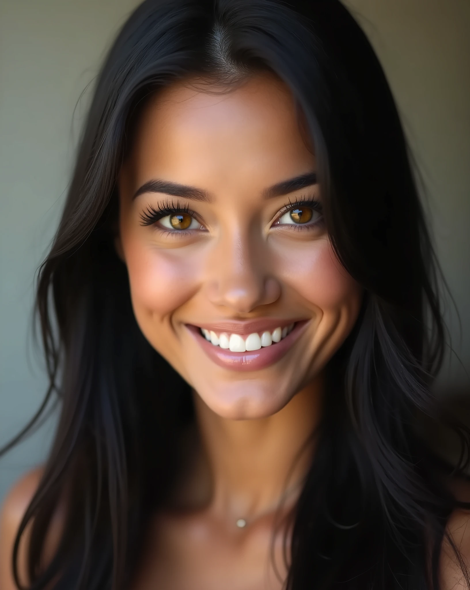!generate Infinity" smiling (White teeth:1.3) very beautiful lady with honey-colored eyes, with long straight black hair, photography, portrait, realistic, looking into the câmera"