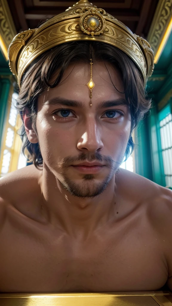 Zarathustra, sits in the temple, his face close up, clearly visible in all the details 4K, he sits in a bright temple. Futuristic temple background, all colors are bright and saturated.