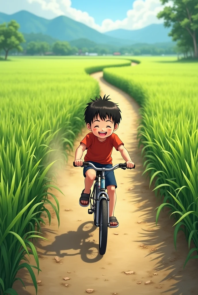 A boy was biking on the dirt road in the rice field happily