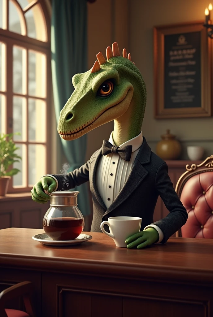 Dinosaur with bow tie and long sleeves、A dinosaur elegantly brewing coffee in a classical cafe、By drip、Calm、Over the counter