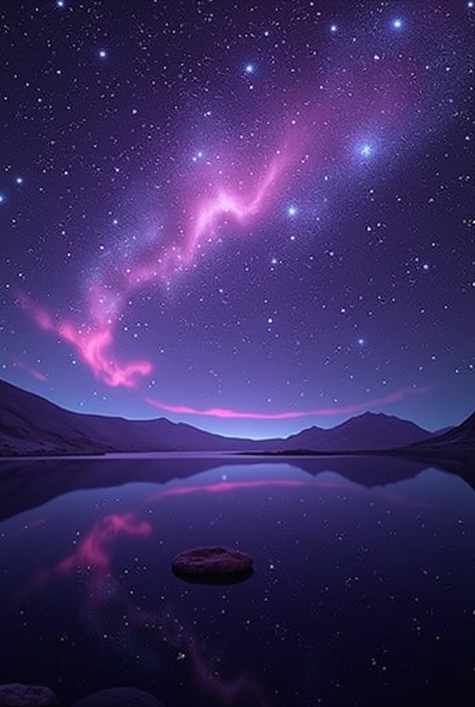 This image depicts a beautiful landscape with a purple night sky filled with scattered stars. A faint purple light, resembling an aurora, spreads across the sky, and the stars twinkle brightly. Below, a calm body of water extends, reflecting the starlight. The overall scene has a fantastical and mysterious atmosphere.