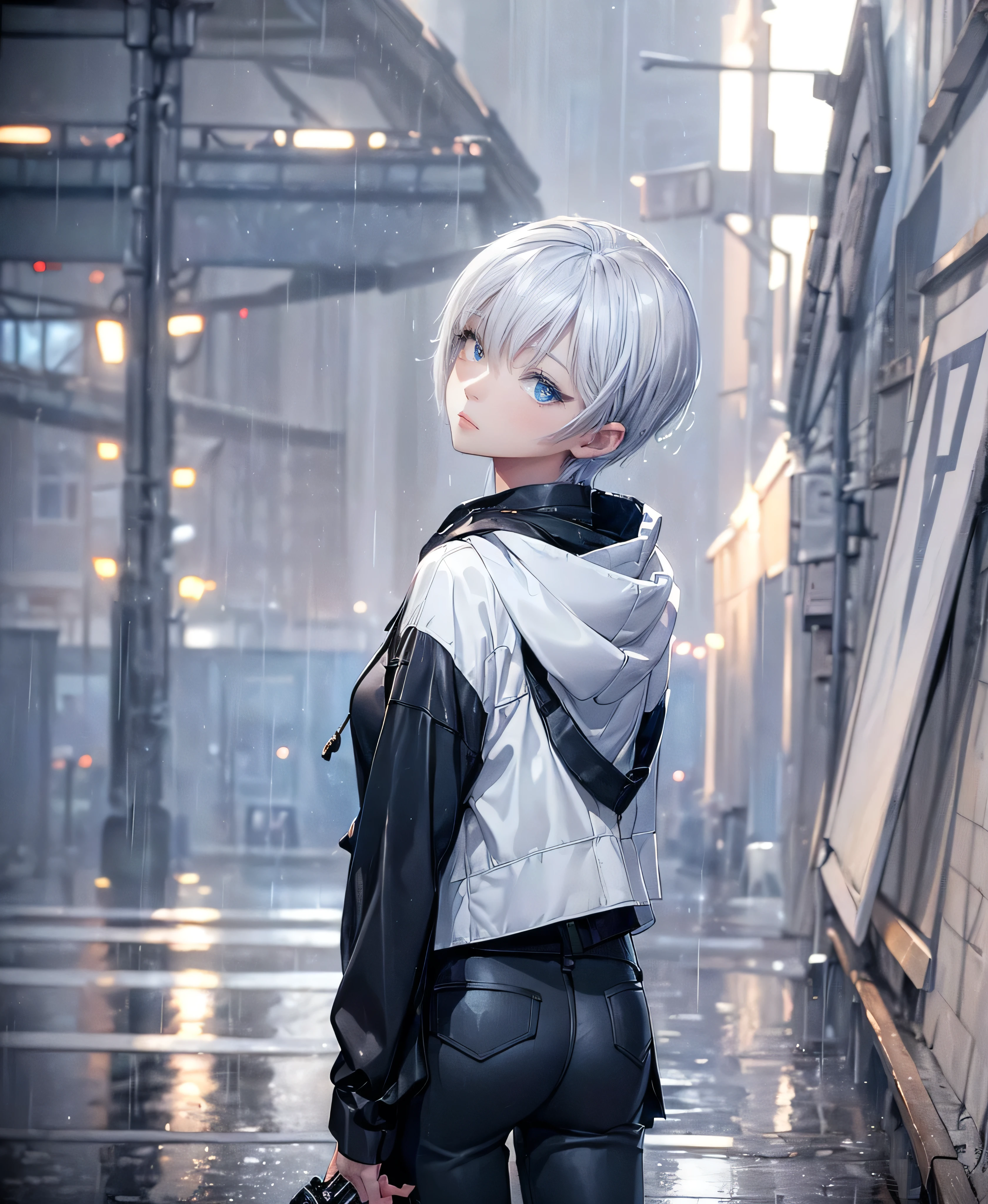 ((4K Works))、masterpiece、(Highest quality)、One beautiful girl、The body is slim、expensive、((Black Y-shirt and white pants、Charming street style))、Please put on a jacket.、Wearing a hood to hide his face、(Beautiful eyes in every detail)、Morning City、((Rainy Town))、Fashionable city with morning rain、During a walk、((Face similar to Carly Rae Jepsen))、((short-haired gray hair))、((Makes your face smaller))、((Neutral face))、((Bright Blue Eyes))、((American adult women))、((Adult female, 2))、((Cool woman))、((Like a celebrity))、((A lonely look))、((Korean Makeup))、((elongated and sharp eyes))、((Happy Date))、((boyish))、((Upper body photo shoot))、Professional photos、((Model Photo))、((Shot alone))、((She is under the roof))、((Look up at the sky))、((Shooting from behind))、((She is looking upwards))、((Her eyes are looking up))、((Increase the angle of the face))、((She is walking in front of the viewer))