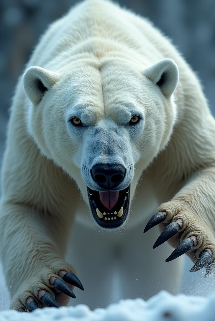 Close up white bear face, open claws , hairs standing on end and muscles tense, attacking the prey with its claw.