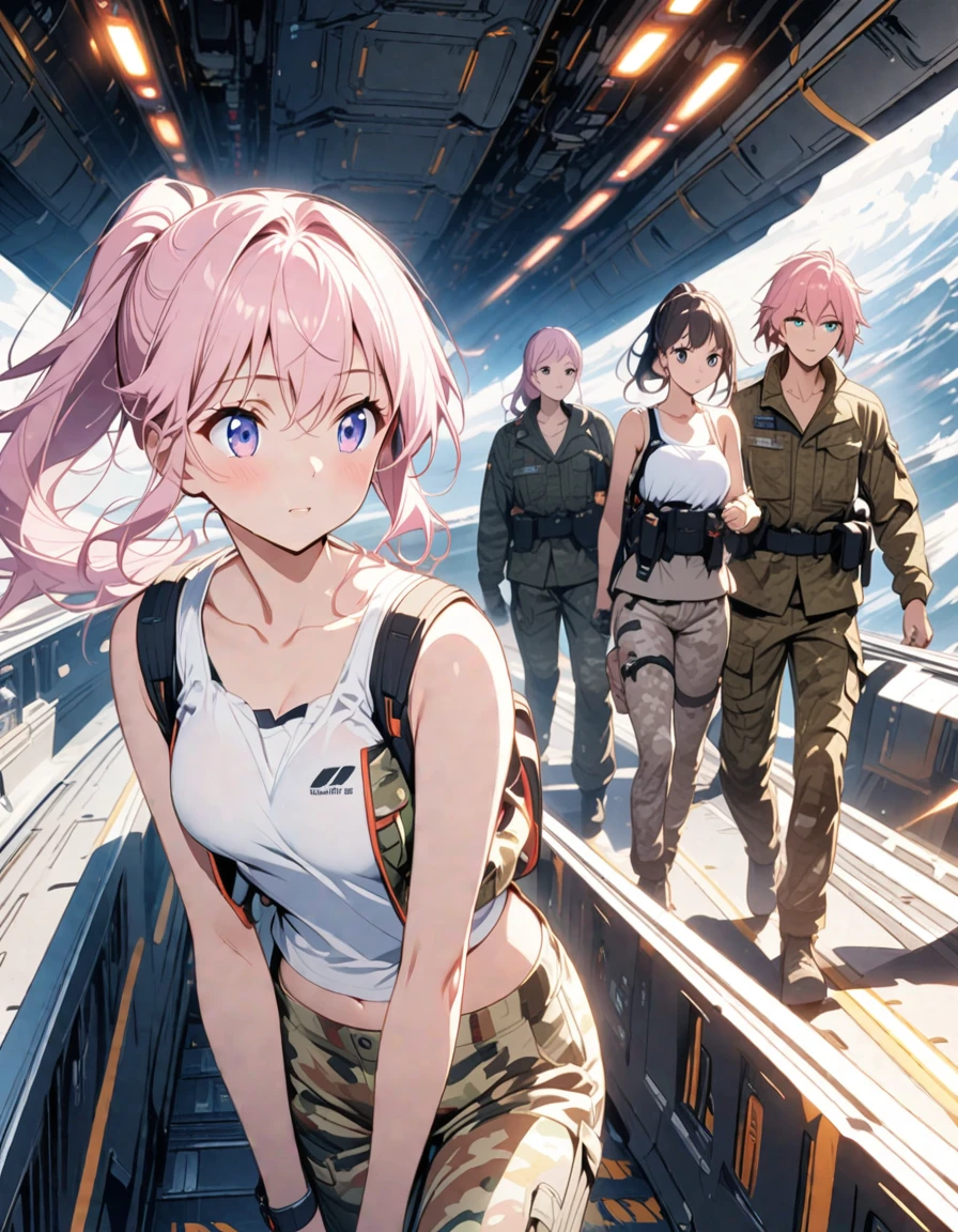 anime、Pink Hair、ponytail、Near future、Boarding a spaceship、White tank top、Camouflage jacket、Camouflage trousers、delicate、Slender、beautiful girl