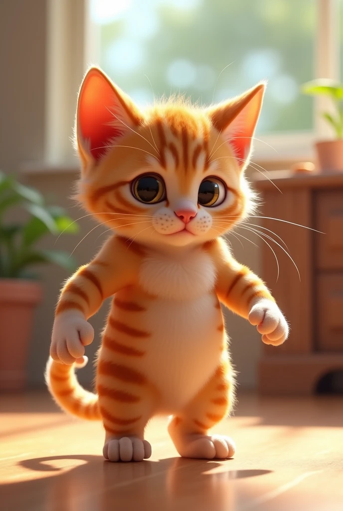 Pixar "AI-style kittens designed in animation style like、In a bright and dynamic setting、Depicted with an unusually muscular physique。 The kitten&#39;s body is firm and toned、The muscles are prominent、This is a stark contrast to the typical cute and small appearance.。 Contrary to his muscular physique、The kitten has large, expressive eyes.、He has a playful and slightly mischievous look on his face.。 
