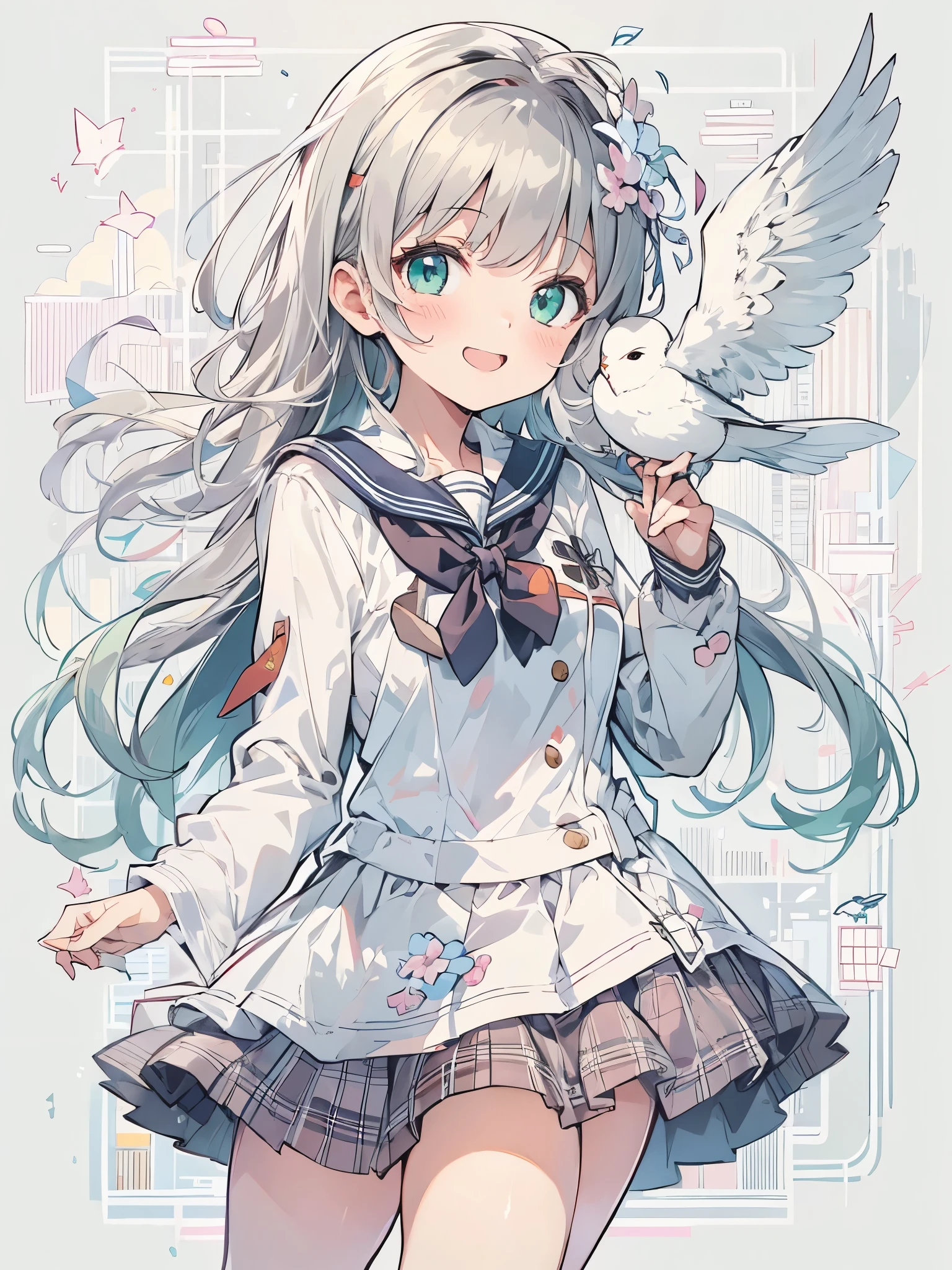 white background, full body,アニメ,Highest quality、Highest quality、Ultra-detailed、(masterpiece:1.2),Very absurd、4K,8k,sailor suit、green hear、white dove、On the way to school、View this Schoolgirl、Sailor suit、school uniform、arm behind back、naughty smile