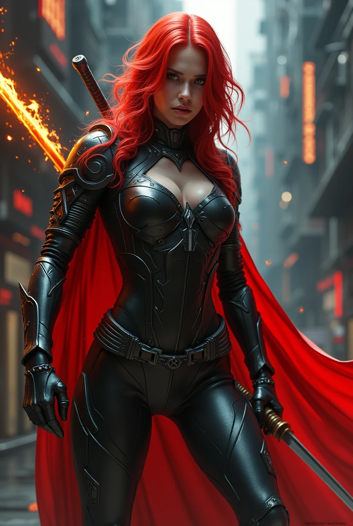 Woman, ref eyes, red hair, cuberpunk pale pale  iron costume, flaming sword in hand cuberpunk, cuberpunk pale red cloak, is smiling