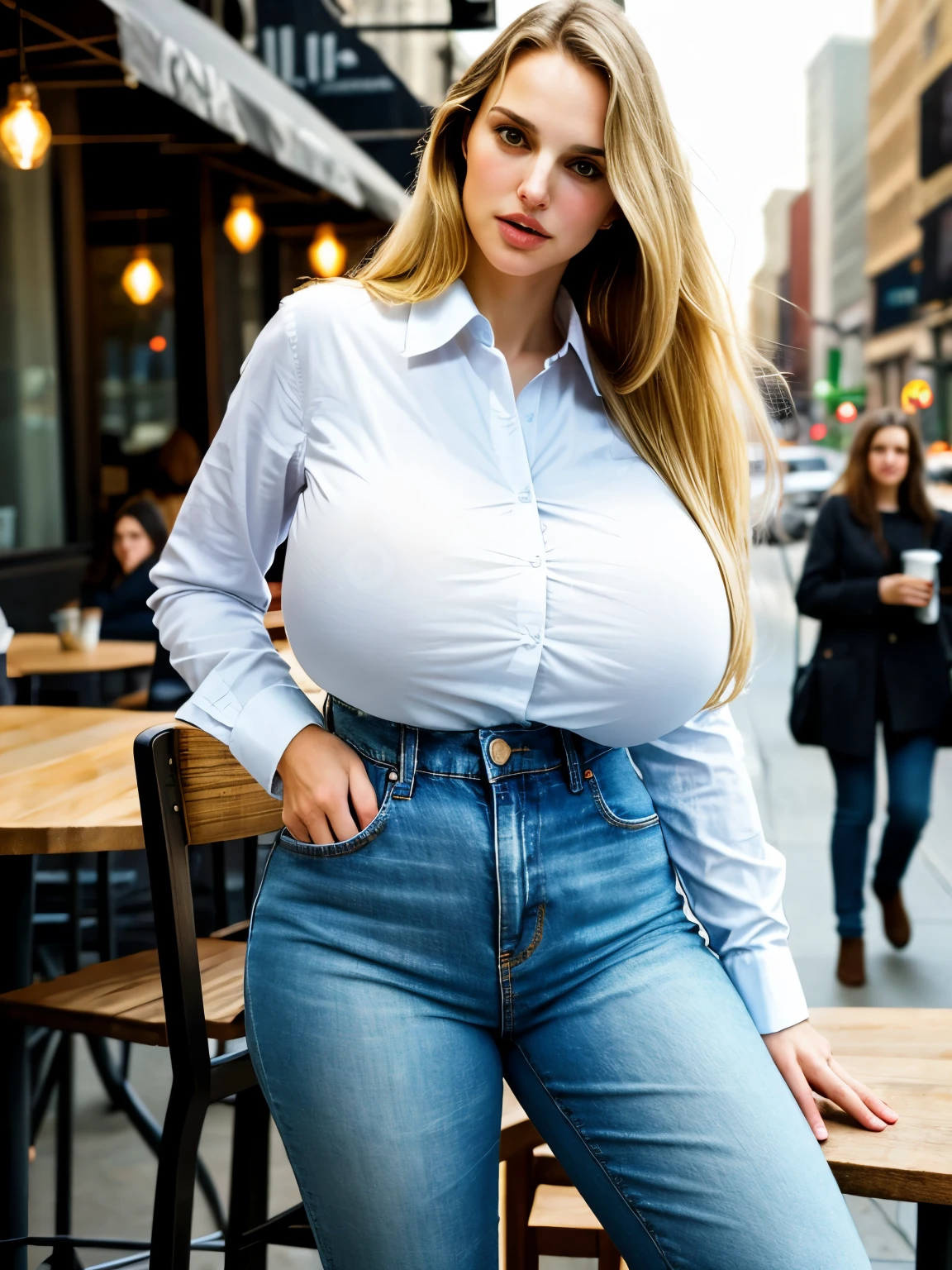 (wide angle), (angled view), young Natalie Portman aged 20, candid, (looking to the side), (extremely tall college student), sitting at a trendy outdoor cafe in New York City, weathered wooden table, wrought iron chair, bright eyes, casual, cute, (soft lighting), symmetric eyes, latte, fancy coffee, busy, many diverse people, symmetric breasts, (plain white tucked-in long-sleeved button-down business shirt), (stretched fabric), plain jeans, (long full wavy blonde hair), bangs, (very long hair:1.25), (jumbo huge colossal gigantic breasts), bursting breasts