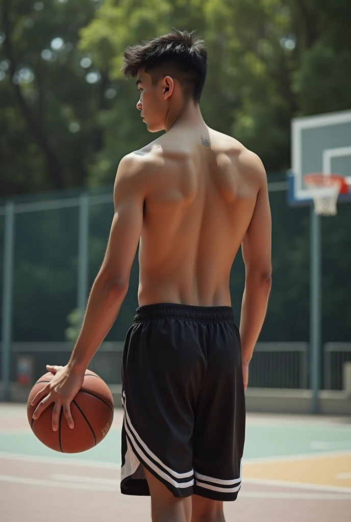 Handsome, Teen boy, in black and white basketball shorts and jersey, hard dick, bulge, asian, playing basketball, standing on top of you, showing dick and pubic hair