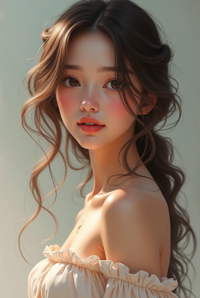 Create a fair girl with wavy open hair wearing a beautiful dress her eye pointed on camera with a soft little smile