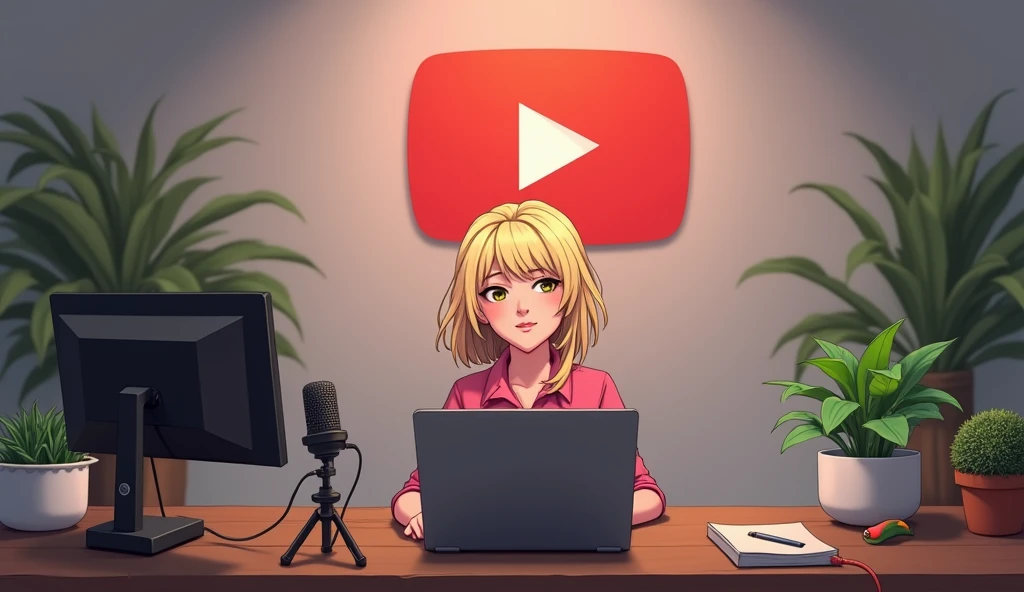 A 1 mature character girl, having blonde hairs, and pale skin, face infront of camera sitting in front of a computer desk with a microphone and laptop wearing pink dress and the background includes a large youtube logo on the wall, potted plants on either side and various recording equipments