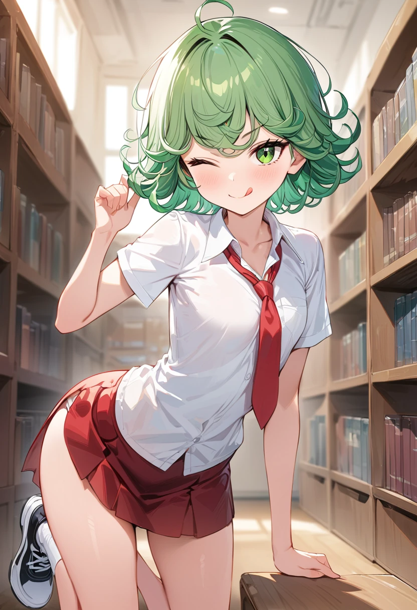 (high res, 8K, masterpiece, looking at viewer, best quality, very aesthetic, ultra detailed, ultra background, ultra Eyes) intricate details, 1girl, Tatsumaki, White short sleeve shirt, Pockets on the left side of the chest, Red short skirt, Red short tie, Black White Sneaker Shoes, Green Short hair, Green Eyes, Smile Face, Right eye closed, sticking out tongue, Cheeks Flushed, Background Library, School, Cinematic Angle