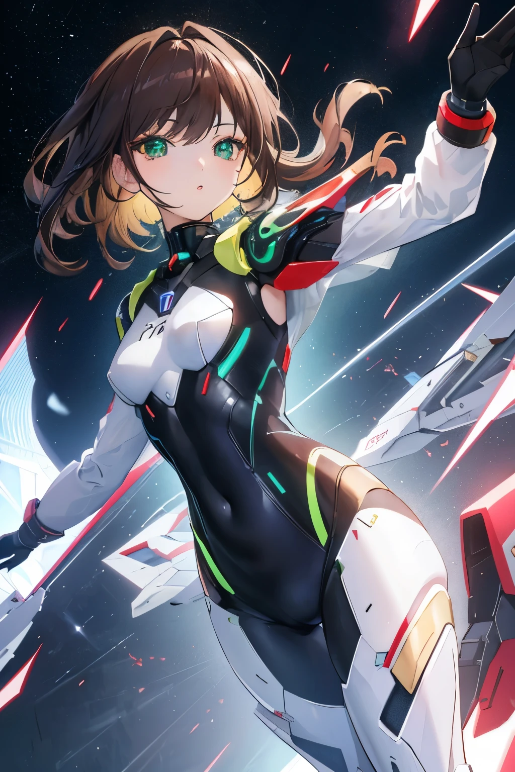 ((masterpiece, Highest quality, High resolution, 超High resolution, Pixel perfect, Written boundary depth, 4K, RTTX 10.0, High resolution))), 1 person, single, alone, Beautiful Anime, Beautiful art style, Anime characters, ((Shortcuts, bangs, Dark brown hair)), ((Green Eyes:1.4, Round eyes, Beautiful eyelashes, current eyes)), ((Smooth texture:0.75, Anime CG style)), ((Dynamic Angle, close)), Perfect body, (cute), Normal chest, whole body, ((4K, 8k, Highest quality, Perfect Fingers: 1.3, Perfect Anatomy: 1.3, Background Blur)), whole bodyアングル, Illustration of a girl in a mech suit, The characters are dressed in highly functional and stylish mecha suits.、The suit is designed to fit the body、Features various parts that support movement and glowing energy lines, The suit&#39;s color has a metallic texture., The background is a futuristic city and a battlefield.、Overall powerful、A scene full of sci-fi vibes