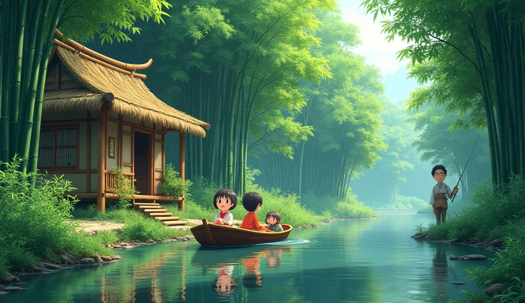 a lush bamboo grove, a quiet stream running by, a rustic bamboo hut, a Doreamon Anime Characters Nobita and shizuka in a small boat, (best qualityer,4K,8k,high resolution,work of art:1.2),ultra detali,(realisitic,photorealisitic,photo-realisitic:1.37),swirly vibrant colors,natural lighting,serene atmosphere,stunning landscape,Detailed Foliage,reflections in the water,traditional asian architecture,distressed bamboo textures,Skilled fisherman posing