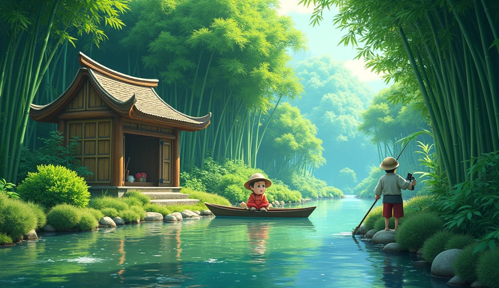 a lush bamboo grove, a quiet stream running by, a rustic bamboo hut, a Doreamon Anime Characters Nobita and shizuka in a small boat, (best qualityer,4K,8k,high resolution,work of art:1.2),ultra detali,(realisitic,photorealisitic,photo-realisitic:1.37),swirly vibrant colors,natural lighting,serene atmosphere,stunning landscape,Detailed Foliage,reflections in the water,traditional asian architecture,distressed bamboo textures,Skilled fisherman posing