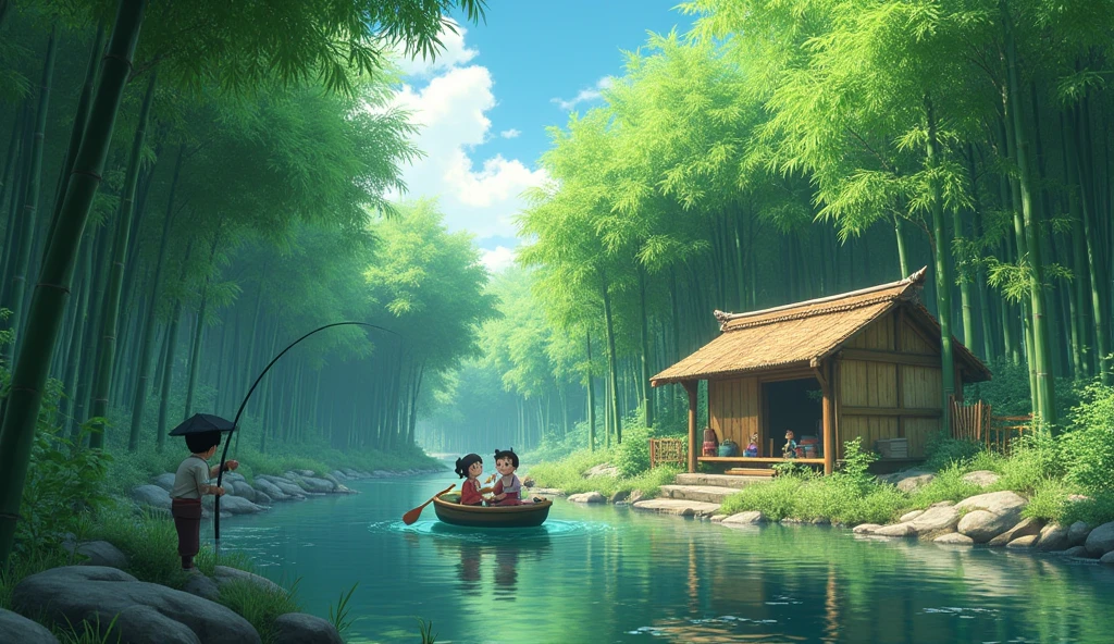 a lush bamboo grove, a quiet stream running by, a rustic bamboo hut, a Doreamon Anime Characters Nobita and shizuka in a small boat, (best qualityer,4K,8k,high resolution,work of art:1.2),ultra detali,(realisitic,photorealisitic,photo-realisitic:1.37),swirly vibrant colors,natural lighting,serene atmosphere,stunning landscape,Detailed Foliage,reflections in the water,traditional asian architecture,distressed bamboo textures,Skilled fisherman posing