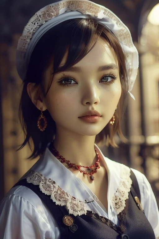 dramatic lighting, (highly detailed face:1.4), perfect eyes, realistic iris, perfect teeth, (smile:0.7), (background dark, shadow of the leaves), (()), (She is wearing a white skirt, a red blouse with lace, apron tied around her waist, and brown leather shoes. A blue scarf is on her head. Yes, her accessories include necklaces, earrings, and bracelets. 1 Girl)), Ultra High Resolution, (Realistic: 1.4), RAW Photo, Best Quality, (Photorealistic Stick), Focus, Soft Light, (()), (( (young face))), (surface), ), masterpiece, (realistic), skinny, moonlight, bangs, ((brown eyes))
