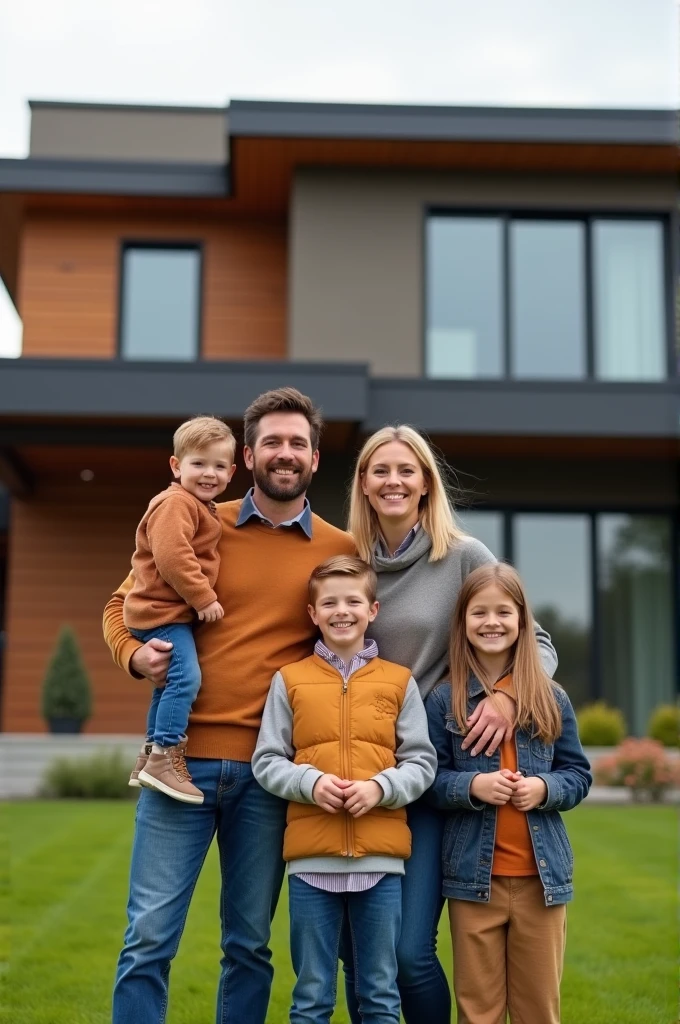 Create a hyper-realistic image of a happy family consisting of a father, mother, and three children (two boys and one girl) standing together in front of a newly built, modern home. The family should appear natural and joyful, radiating warmth and satisfaction, as if they have just moved into their new house. The house in the background should feature modern architecture with clean lines, large windows, and a well-kept front yard. Use a color palette that includes warm tones like orange, brown, and dark red, in harmony with the overall scene. The image should resemble a high-quality photograph, perfect for a real estate poster, and evoke a sense of fulfillment and the dream of owning a home."