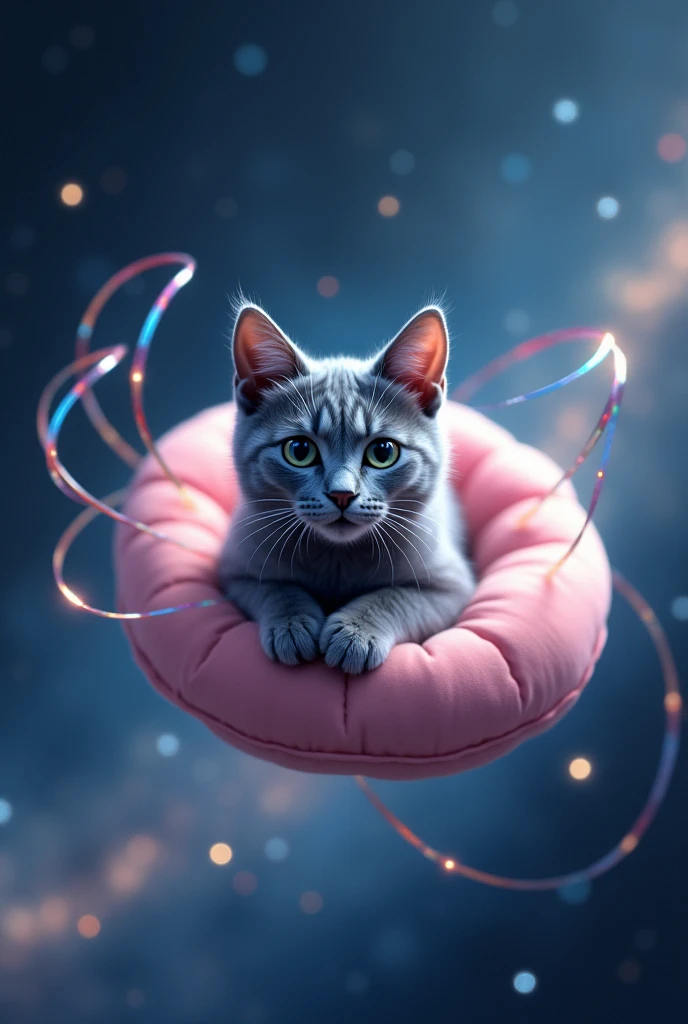 A gray cat flying inside a pink pillow, and leaves a trail of iris band, you only see the stars, in the space