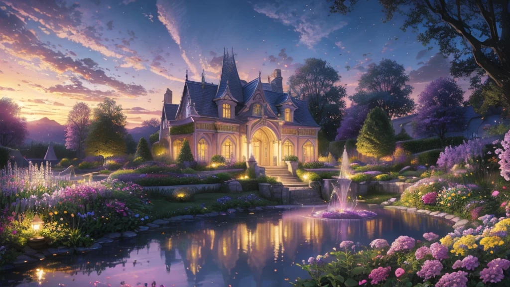 (masterpiece)),((Highest quality)),((High Detail)),nobody,background, fantasy, Overlooking, Crystal Bridge, garden, Floating light, World of pastel colors, Yellow, purple and pink flowers, A delicately decorated fountain, Light purple sky