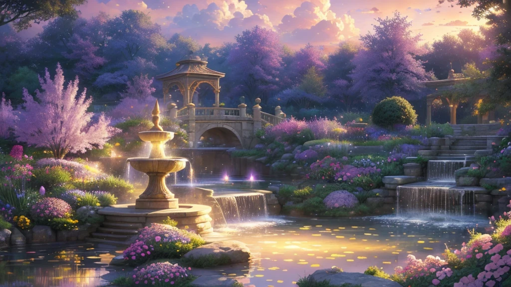 (masterpiece)),((Highest quality)),((High Detail)),nobody,background, fantasy, Overlooking, Crystal Bridge, garden, Floating light, World of pastel colors, Yellow, purple and pink flowers, A delicately decorated fountain, Light purple sky