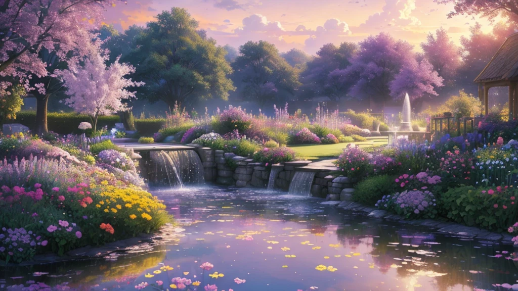 (masterpiece)),((Highest quality)),((High Detail)),nobody,background, fantasy, Overlooking, Crystal Bridge, garden, Floating light, World of pastel colors, Yellow, purple and pink flowers, A delicately decorated fountain, Light purple sky
