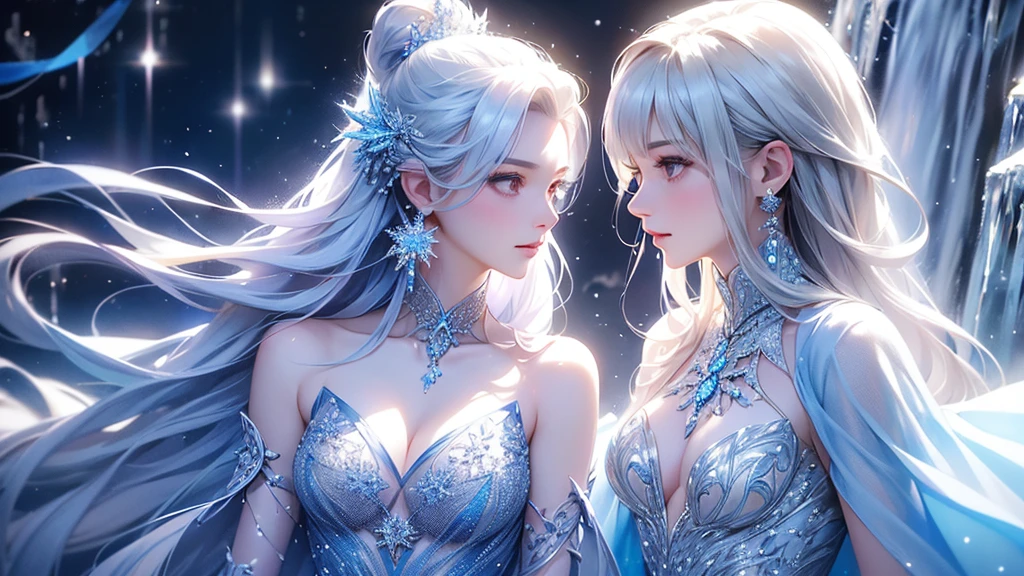 (2/3 Photos:1.5)wood, intricate mini ice spikes and crystals, A frozen waterfall in the background, Light reflected by ice crystals, Flowing snowflakes.1 girl, Beautiful woman、pretty girl,A realistic person,Beautiful cleavage,((Small breasts)), Long dress、clear