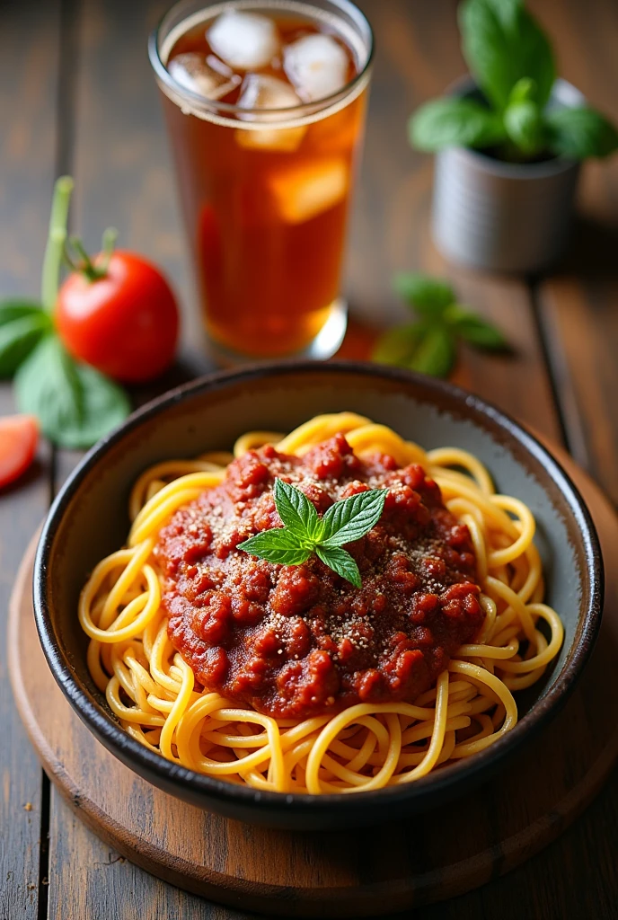 Instagram style、Angle of view from above、Spaghetti with meat sauce and iced tea are placed on a wooden desk、Ultra HD、Aspect ratio 9:16
