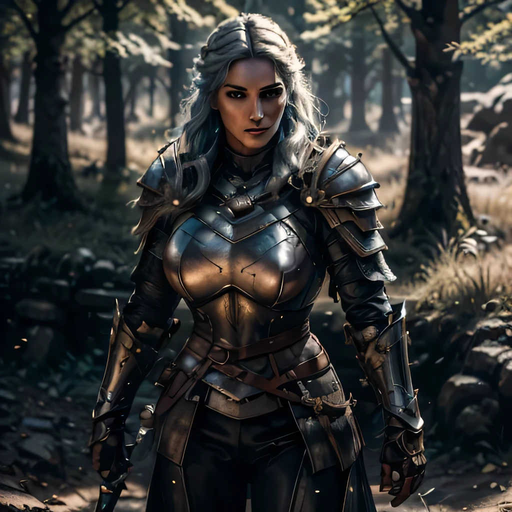 8K,asgard female warrior with very big breasts,Super beautiful(like the real thing),black very large chest armor,realistic skin,luxury black pants,Has a large, long black spear,sexy,muscular slim body,ripped abs,black shoulder armor,black waist armor,black leg armor,desert, rich colors, Backlight, cinematic lighting, film grain, RAW, 50mm lens,nikon　D850,ultra high resolution,Super realistic,goddess,battle scene,action scene,action pose,shine a light on the face, long wavy blue hair, the Witcher, the Witcher armor, yennefer, running in the forest