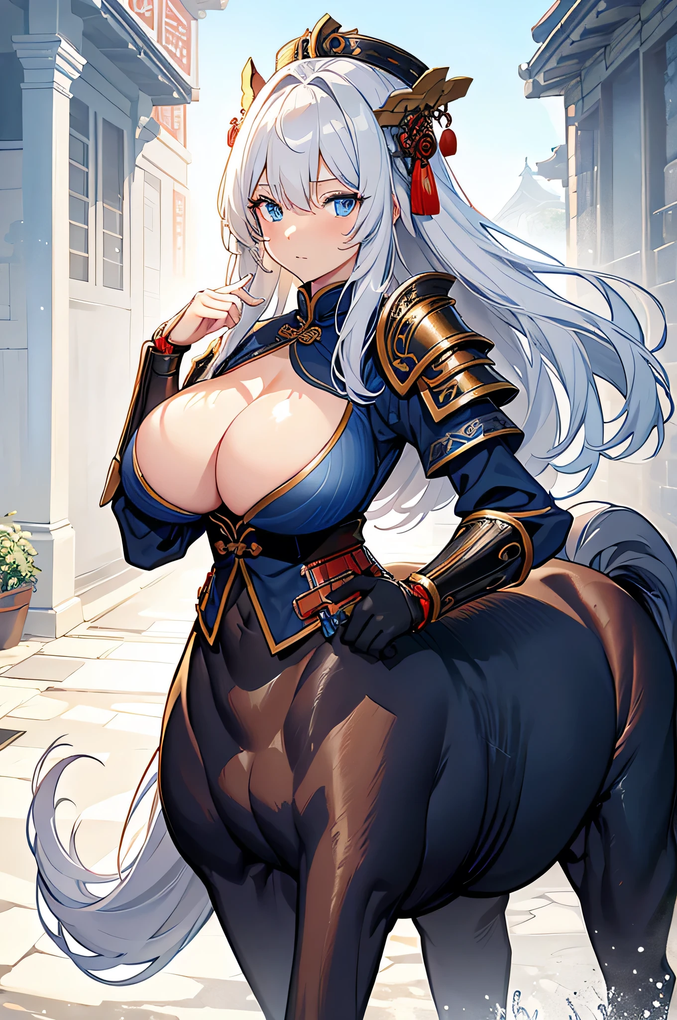 4K,High resolution,One Woman,centaur,White Hair,long hair,Blue Eyes,Brown fur,Big Breasts,Ancient Chinese Generals,Ancient Chinese Blue Armor,Heavy Armor,Full Armor,ancient chinese crown,Jewelry decoration,Long sword,Medieval village