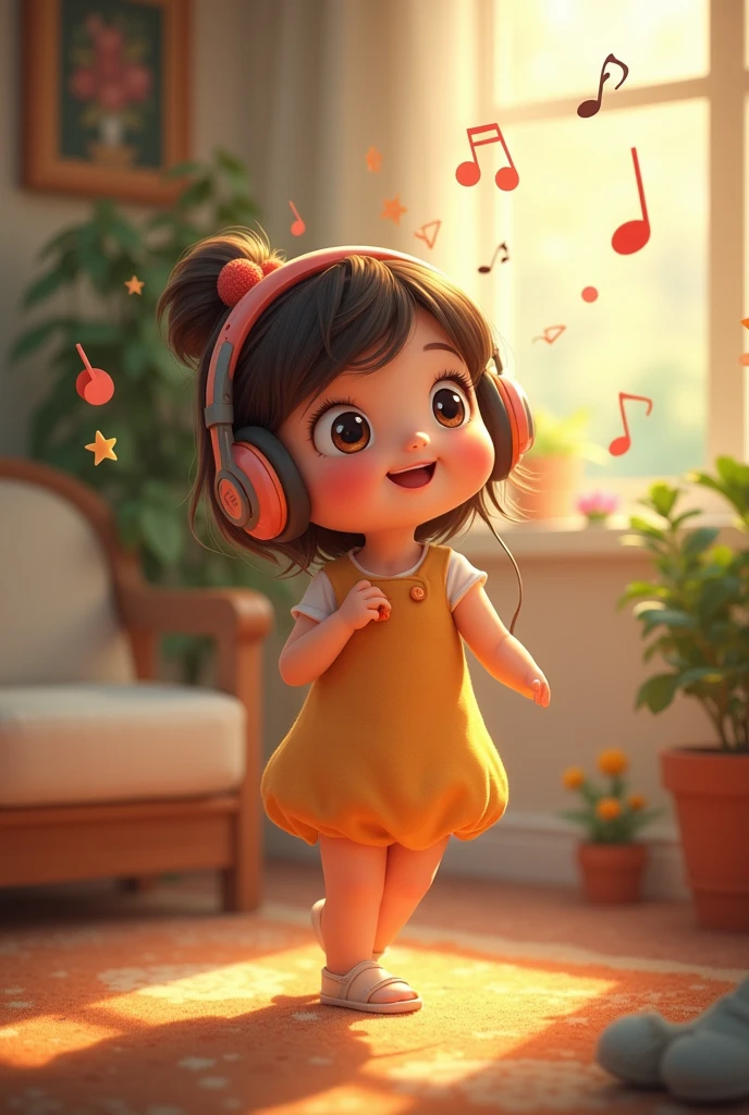 A happy small girl child listening to music