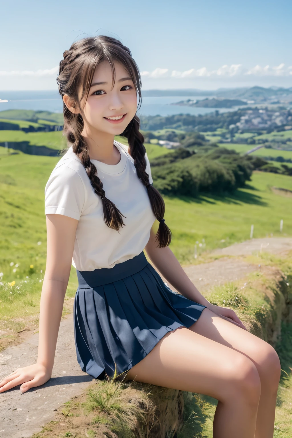 ung girl,very cute and beautiful japanese teenress,highly detailed beautiful face,twin braid,
white camisole,looking at viewer,smile,happy,sitting,pleated navy blue mini skirt,solo,
countryside,hilltop,grassland,distant ocean background,beautiful summer sky,real person,photorealistic,8k,raw photo,