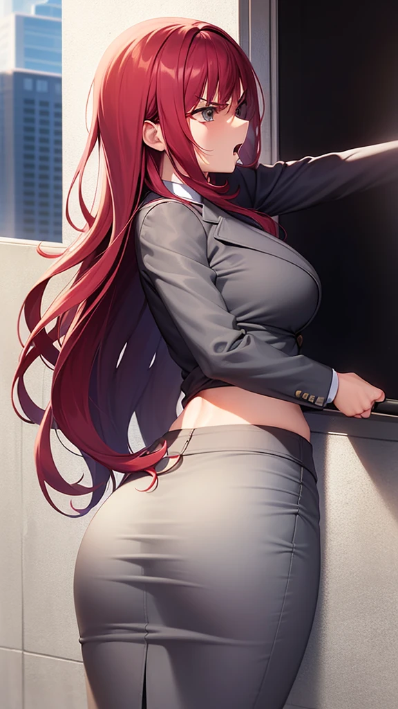 masterpiece, best quality, high detail, beautiful angry business woman punching wall, solo focus, long wavy hair, red hair, (gray blazer), (gray midi pencil skirt), long gray skirt, wide hips, office building, action pose, dynamic pose,