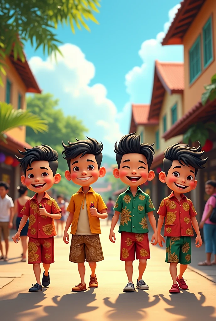 (best quality, cartoon style), (4 cartoon men are in a colorful costume parade, [take a walk), (Midday, on the streets of a small town in Indonesia)
