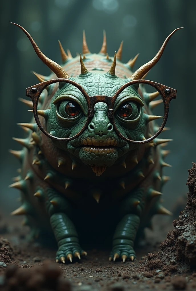 A scary caterpillar with glasses and a wise and intelligent appearance