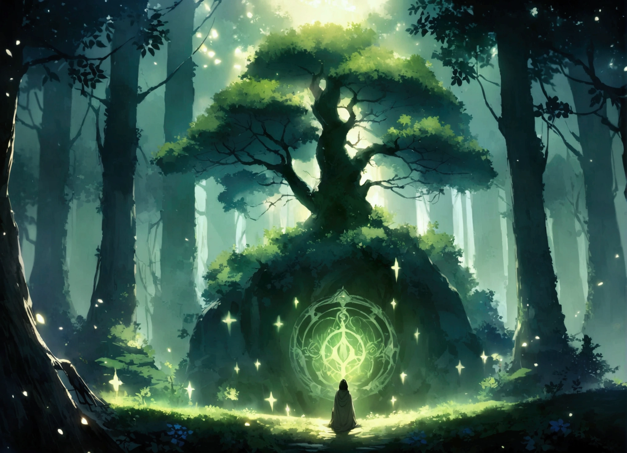 A mist-covered ancient forest at dawn, with sunlight filtering through the dense foliage. Amidst the trees stands a solitary figure, dressed in robes adorned with celestial symbols. Their gaze is fixed upwards, where a luminous portal hovers, radiating soft beams of light. Animals native to the forest gather around, peacefully observing this mystical scene, conveying a sense of harmony between nature and the spiritual realm."