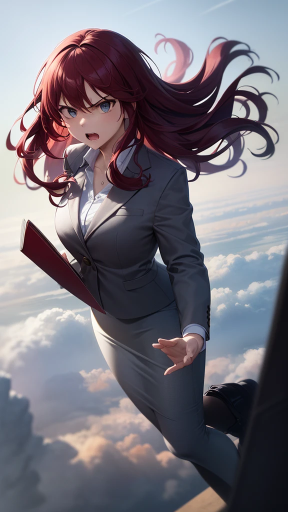 masterpiece, best quality, high detail, beautiful angry business woman, jumping, leap, falling, solo focus, long wavy hair, red hair, (gray blazer), (gray midi pencil skirt), long gray skirt, wide hips, cloudy sky, view from above, atmospheric perspective,