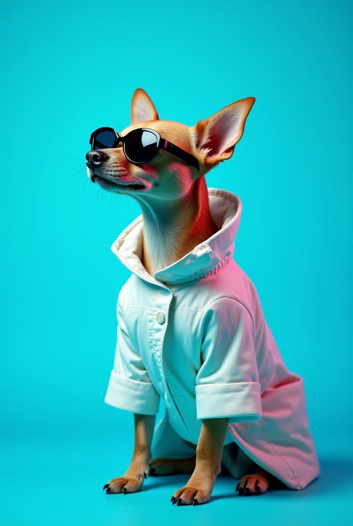The best cell phone wallpaper, Award-Winning Wallpaper, portrait photography, In the front view is a portrait of a cute dog wearing mid-1960s space age fashion, Side view photo, Shot with Canon EOS R5, Set a strong contrast that accentuates the subject, Fluorescent blue tone, Wearing a very modern coat and sunglasses is a modern 1960s style, Clothes all in one color, beautiful background
