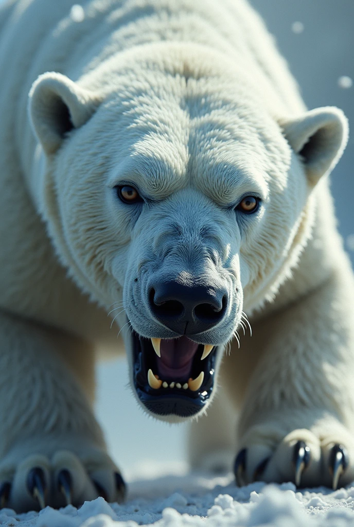 Close up white bear face, open claws , hairs standing on end and muscles tense, attacking the prey with its claw.