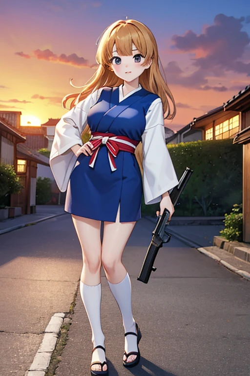 Highest quality、Ultra HD、One Woman、(Straight long hair 1.3)、(Red One Piece 1.3)、(White Heels 1.1)、(Knee-high socks 1.2)、((Shoot a gun 1.2))、(red ribbon 1.2)、(Beautiful face like a Japanese actress 1.2)、Adult women、Slender body、((Large Breasts))、(Sunset city background 1.2)、((Clear and beautiful touch))