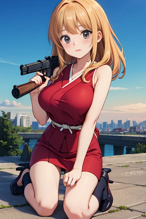 Highest quality、Ultra HD、One Woman、(Straight long hair 1.3)、(Red One Piece 1.3)、(White Heels 1.1)、(Knee-high socks 1.2)、((Shoot a gun 1.2))、(red ribbon 1.2)、(Beautiful face like a Japanese actress 1.2)、Adult women、Slender body、((Large Breasts))、(Sunset city background 1.2)、((Clear and beautiful touch))
