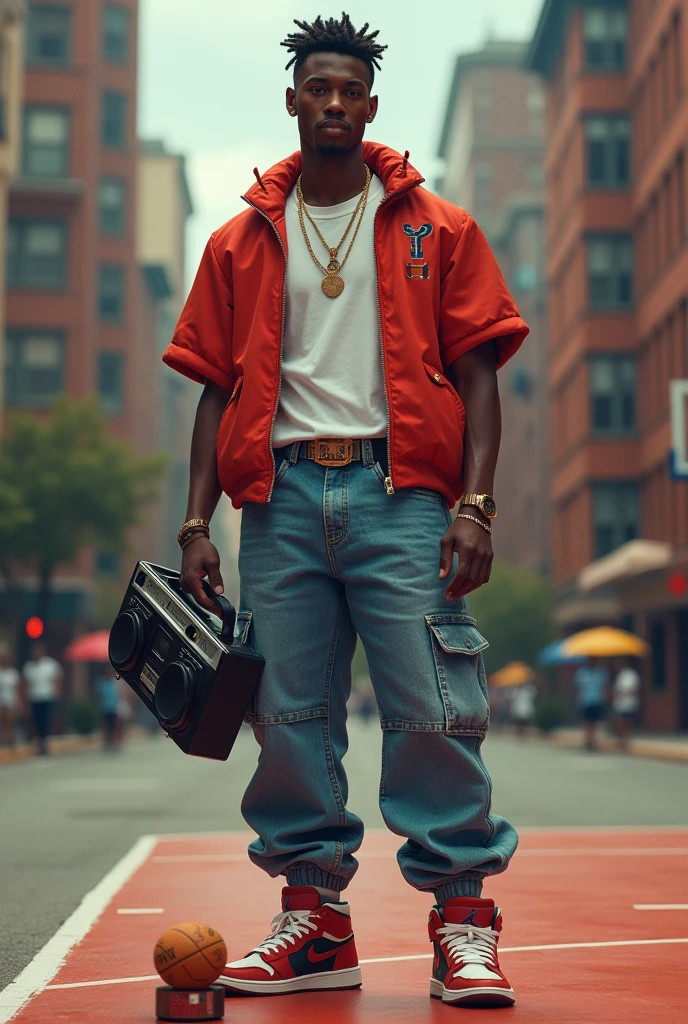 Create a black character in 2000s clothes who likes boombap, de black Power,Jordan on his feet and he likes basketball 

